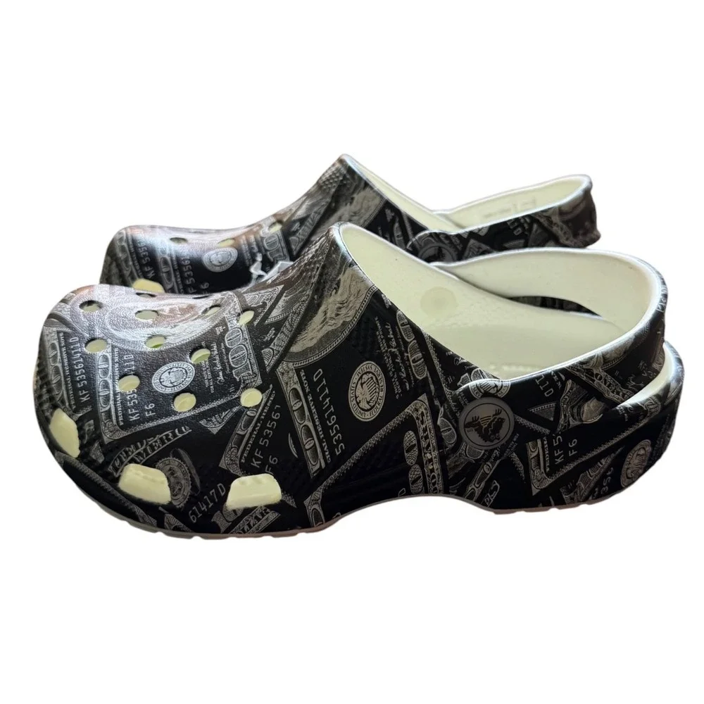Crocs Classic Glow Money Clog K Kids J1 Black White $100 Bill 211592-3VN New